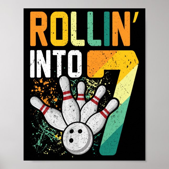 Rollin Into 7 Retro Bowling Birthday Party 7th Bir Poster (Front)