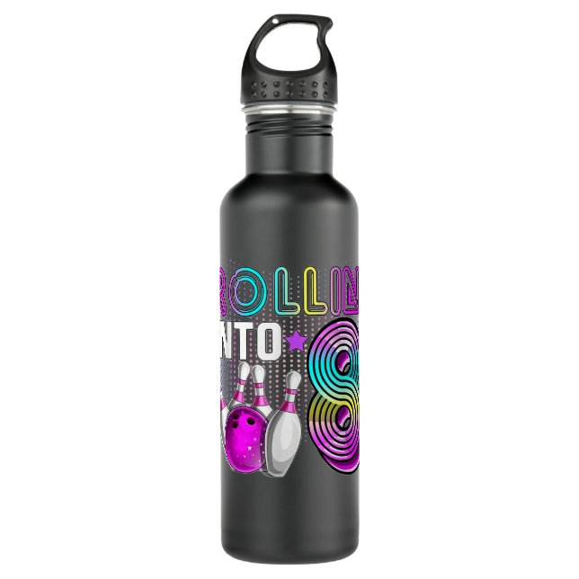 Rollin into 8 Bowling Birthday Party 8th Birthday  710 Ml Water Bottle (Front)
