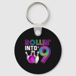 Rollin Into 9 Bowling Birthday Party 9th Birthday Keychain