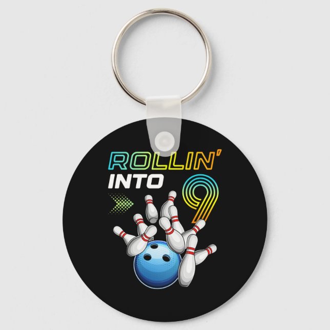 Rollin Into 9 Retro Bowling Birthday Party 9th Bir Keychain (Front)