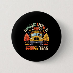 Rollin Into A Groovy School Year Retro School Bus  2 Inch Round Button