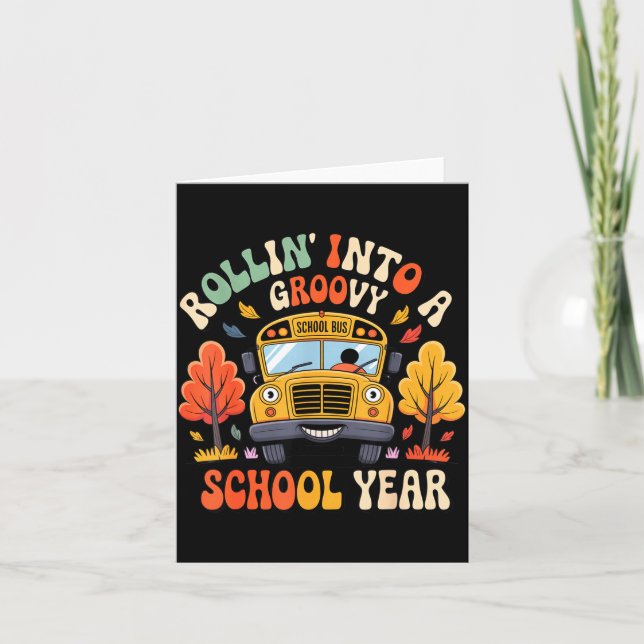 Rollin Into A Groovy School Year Retro School Bus  Card (Front)