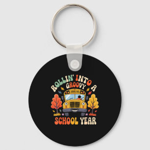 Rollin Into A Groovy School Year Retro School Bus  Keychain