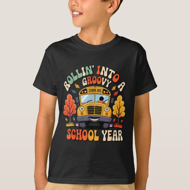 Rollin Into A Groovy School Year Retro School Bus  T-Shirt (Front)