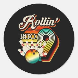 Rollin Into Bowling 9 Year Old Retro Birthday 9th Classic Round Sticker
