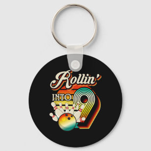 Rollin Into Bowling 9 Year Old Retro Birthday 9th Keychain