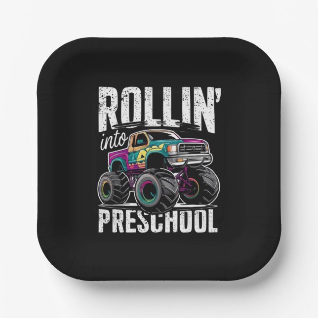 Rollin' Into Preschool Monster Truck Back to Schoo Paper Plate (Front)