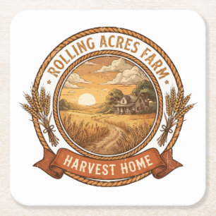 Rolling Acres Farm Harvest Home Rustic Logo Square Paper Coaster