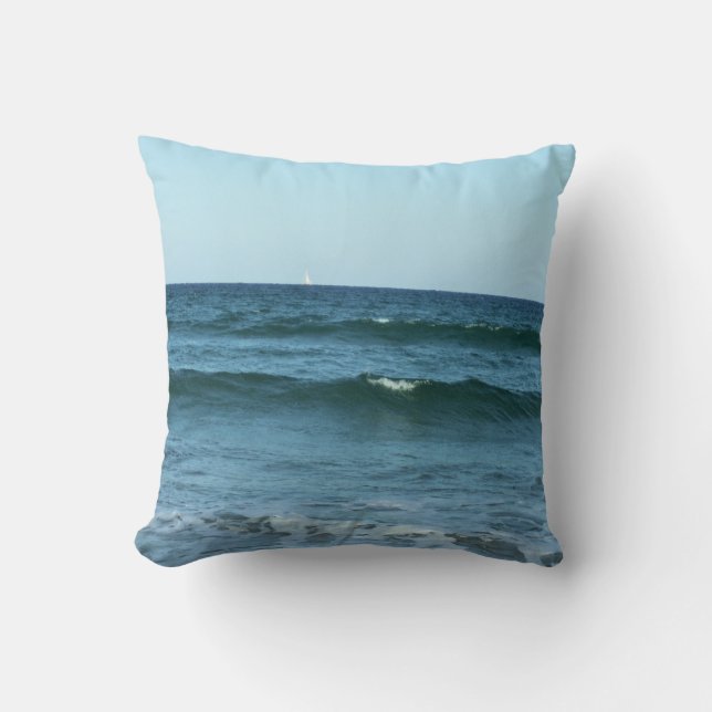 Rolling Blue Waves With Distant Sailboat Horizon Throw Pillow (Front)