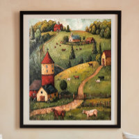 Rolling Hill Farm House Folk Art Oil Painting