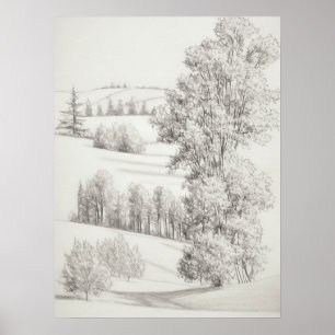 Rolling hills and trees Sketch, vintage etching,  Poster