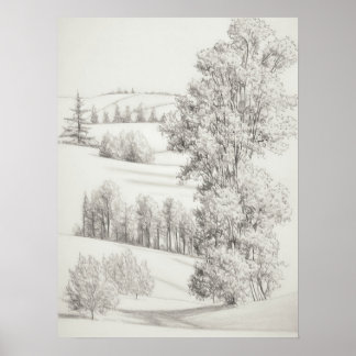 Rolling hills and trees Sketch, vintage etching, Poster