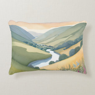 Rolling Hills Landscape Watercolor Beautiful Accent Pillow