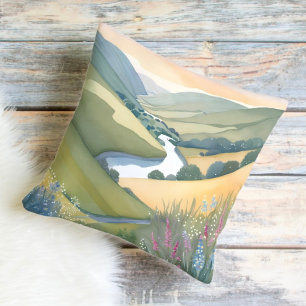 Rolling Hills Landscape Watercolor Beautiful Throw Pillow