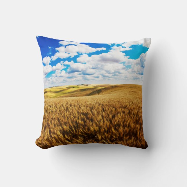 Rolling hills of ripe wheat throw pillow (Front)