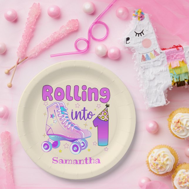 Rolling Into 1 - Cute Purple Roller Skate Birthday Paper Plate (Party)