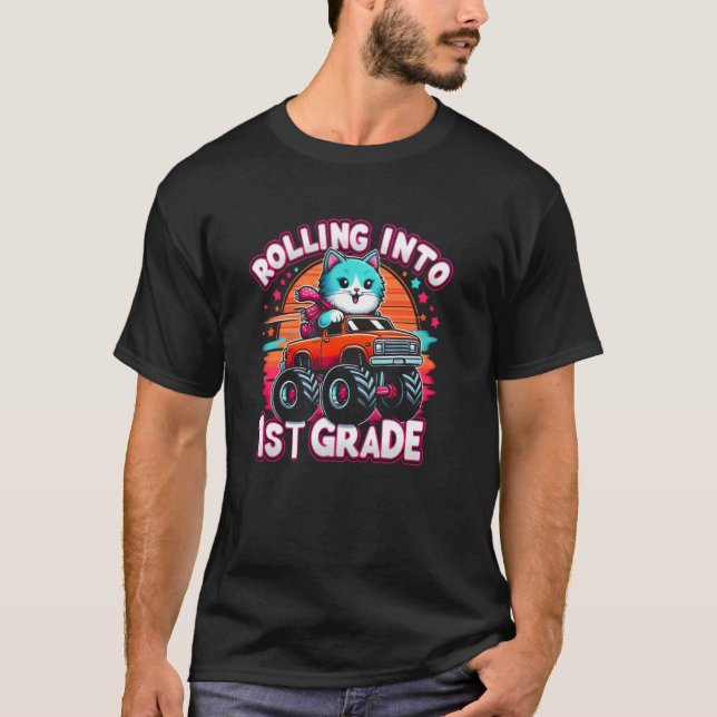 Rolling Into 1st Grade Back to School Cat T-Shirt (Front)