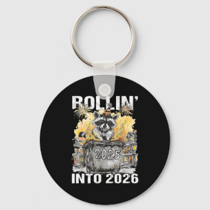 Rolling Into 2026 Trash Racoon Funny New Years Eve Keychain