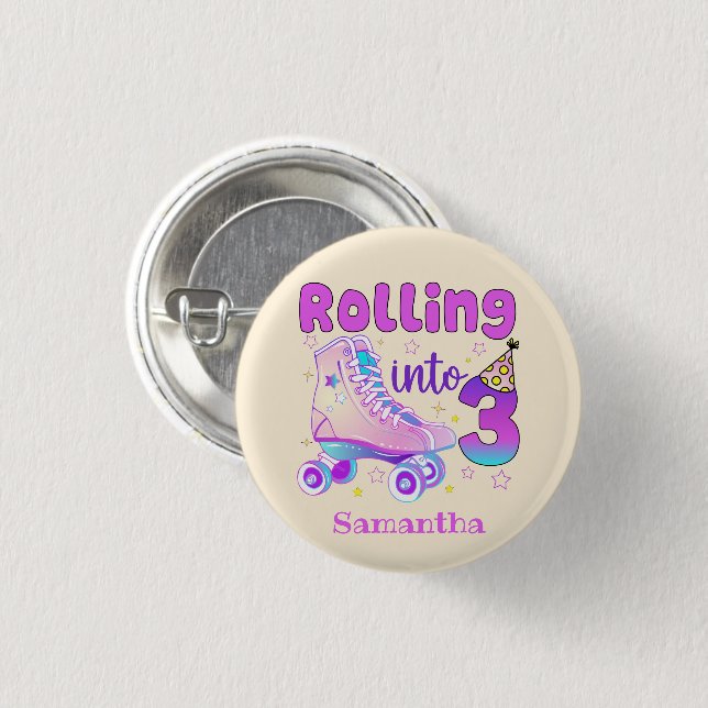 Rolling Into 3| Roller Skater Birthday Celebration 1 Inch Round Button (Front & Back)
