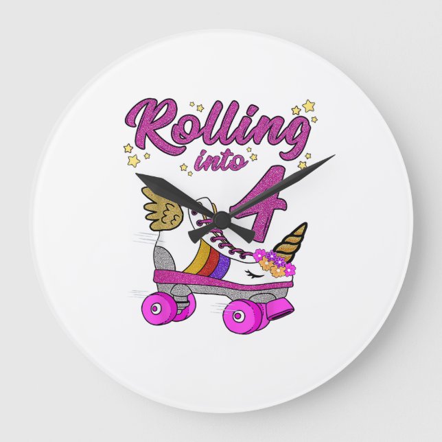 Rolling into 4th Birthday Shirt Unicorn Roller Ska Large Clock (Front)