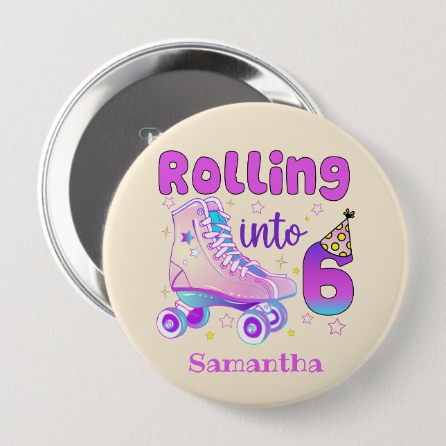 Rolling Into 6 - Cute Purple Roller Skate Birthday 4 Inch Round Button (Front & Back)