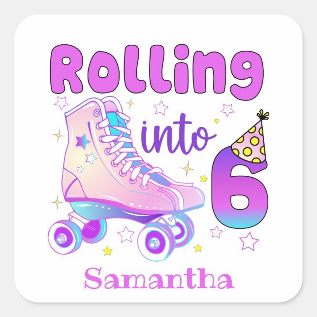Rolling Into 6 - Cute Purple Roller Skate Birthday Square Sticker (Front)