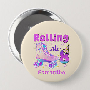 Rolling Into 8  Roller Skater Birthday Celebration 4 Inch Round Button