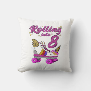 Rolling into 8th Birthday Shirt Unicorn Roller Ska Throw Pillow