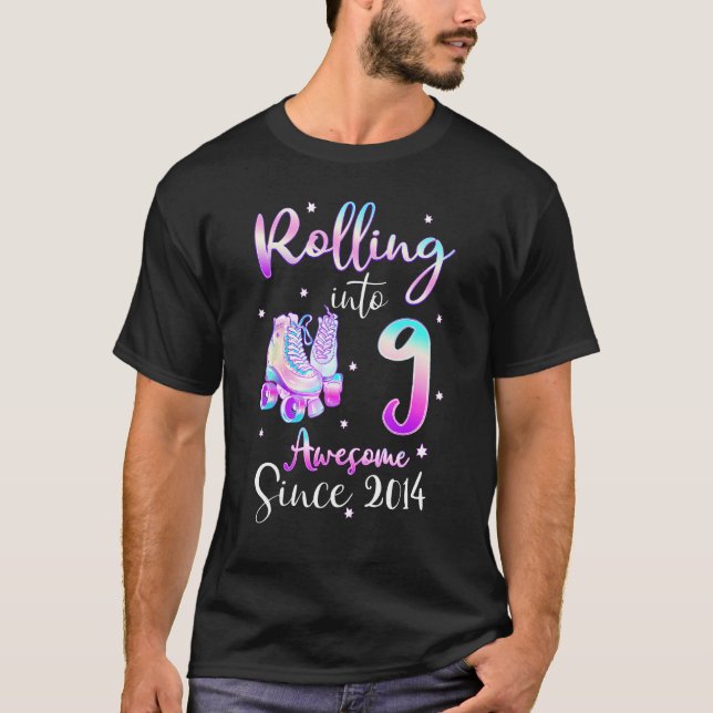 Rolling Into 9 Awesome Since 2014 9th Bday Roller  T-Shirt (Front)
