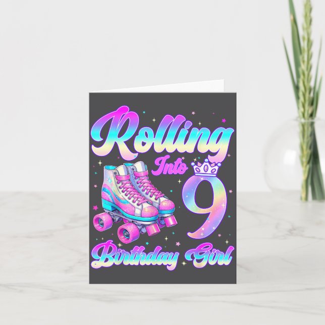 Rolling Into 9 Year Old Roller Skating 9th Birthda Card (Front)