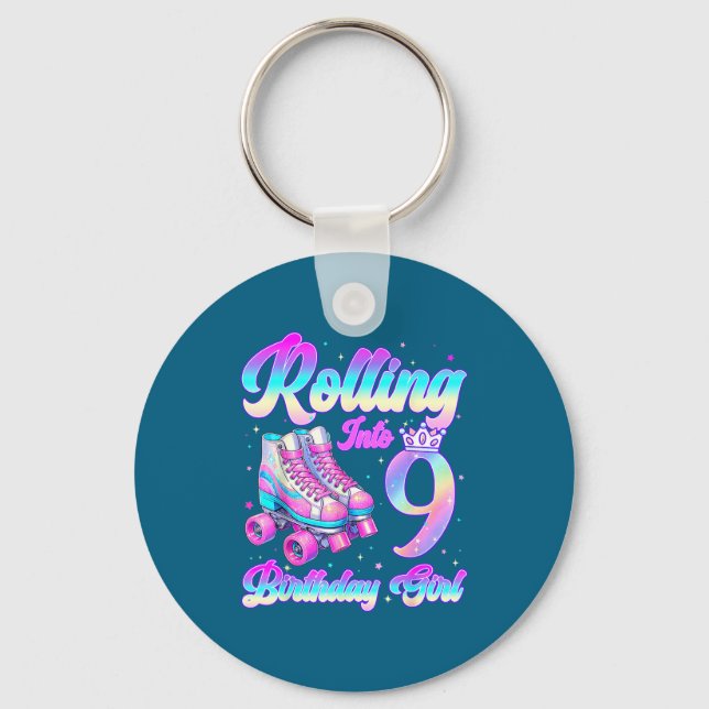 Rolling Into 9 Year Old Roller Skating 9th Birthda Keychain (Front)