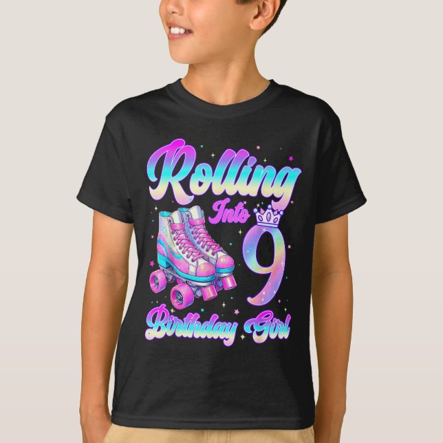 Rolling Into 9 Year Old Roller Skating 9th Birthda T-Shirt (Front)