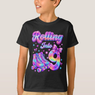 Rolling Into 9 Years Old Roller Skating Girl 9th T-Shirt