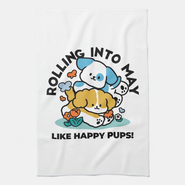 Rolling Into May Like Happy Pups – Cute Spring Dog Kitchen Towel (Vertical)