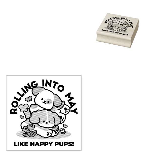 Rolling Into May Like Happy Pups – Cute Spring Dog Rubber Stamp (Stamped)