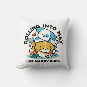 Rolling Into May Like Happy Pups – Cute Spring Dog Throw Pillow