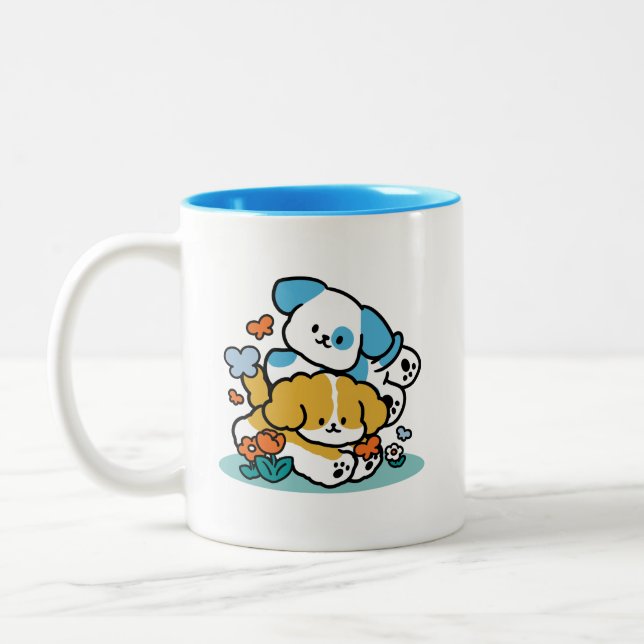 Rolling Into May Like Happy Pups – Cute Spring Dog Two-Tone Coffee Mug (Left)