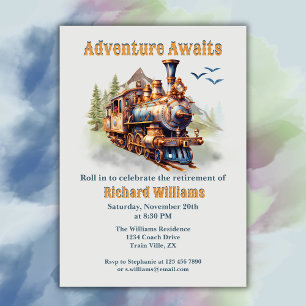 Rolling into Retirement Vintage Train Mountains  Invitation