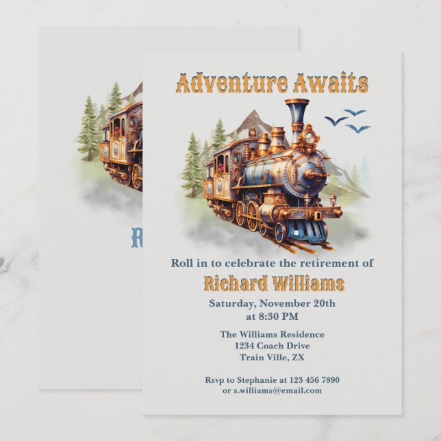 Rolling into Retirement Vintage Train Mountains  Invitation (Front/Back)