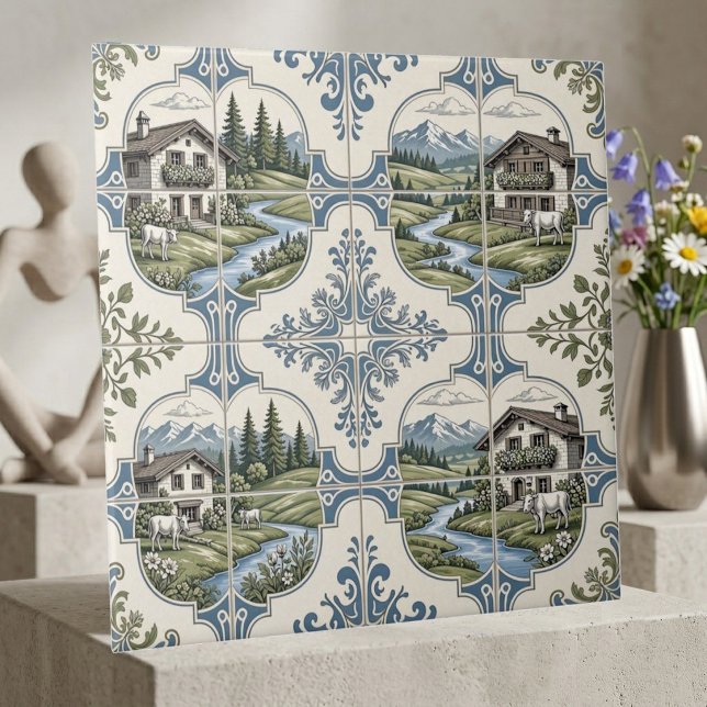 Rolling Meadow Grazing Cow Rustic Mountain Collage Tile (Rolling Meadow Grazing Cow Rustic Mountain Collage Ceramic Tile)