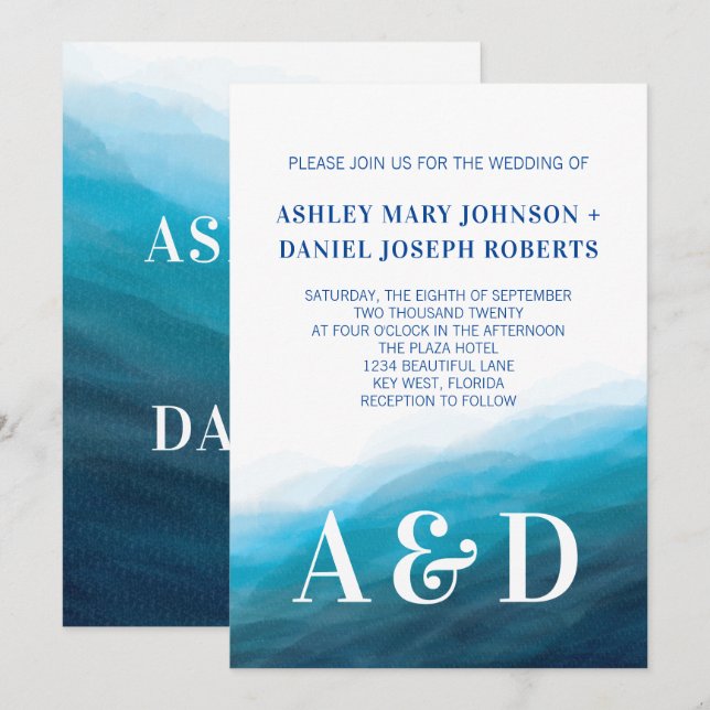 Rolling Ocean Waves Wedding Invitation, Turquoise Invitation (Front/Back)