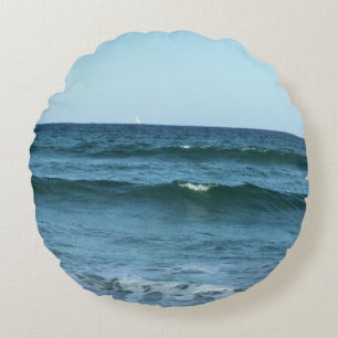 Rolling Ocean Waves With Tiny Sailboat Horizon Round Pillow