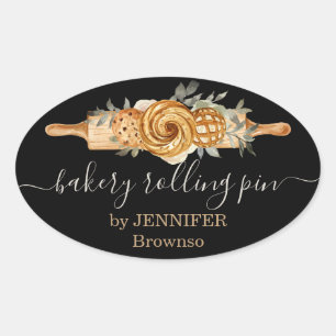 Rolling Pin Bakery Cookies Breads elegant black Oval Sticker