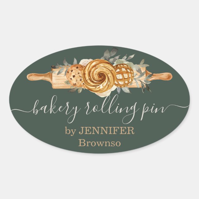Rolling Pin Bakery Cookies Breads elegant sage Oval Sticker (Front)