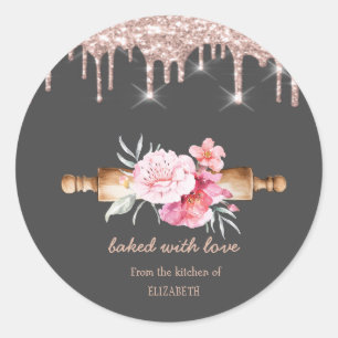 Rolling Pin Flowers Rose Gold Drips Bakery Classic Round Sticker