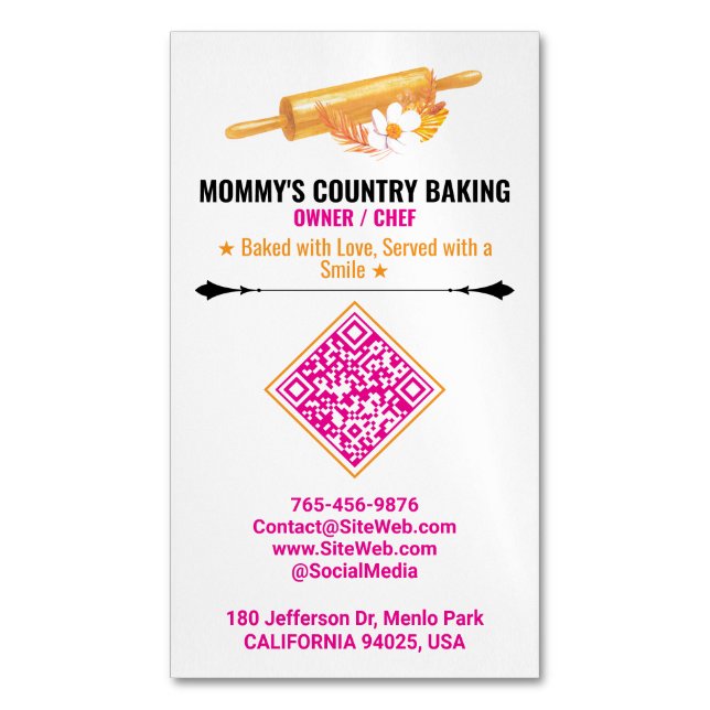 Rolling Pin Logo & Slogan | Premade QR Code Bakery Magnetic Business Card (Front Vertical)