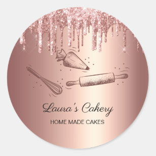 rolling pin & whisk cupcake Bakery Dripping Gold B Classic Round Sticker