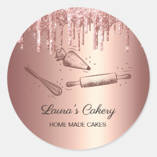 rolling pin & whisk cupcake Bakery Dripping Gold B Classic Round Sticker