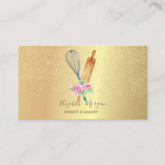 Rolling Pin Whisk Rose Gold Confetti Bakery Business Card (Front)