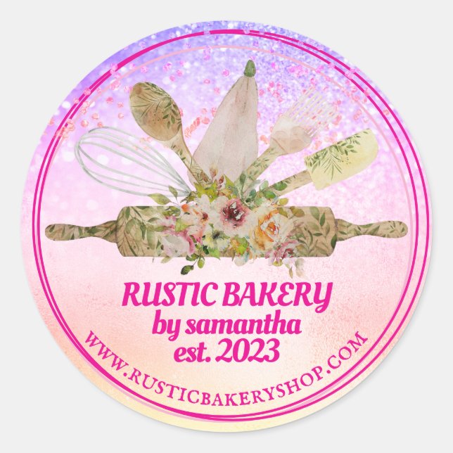 rolling pin whisk rustic bakery pink classic round sticker (Front)